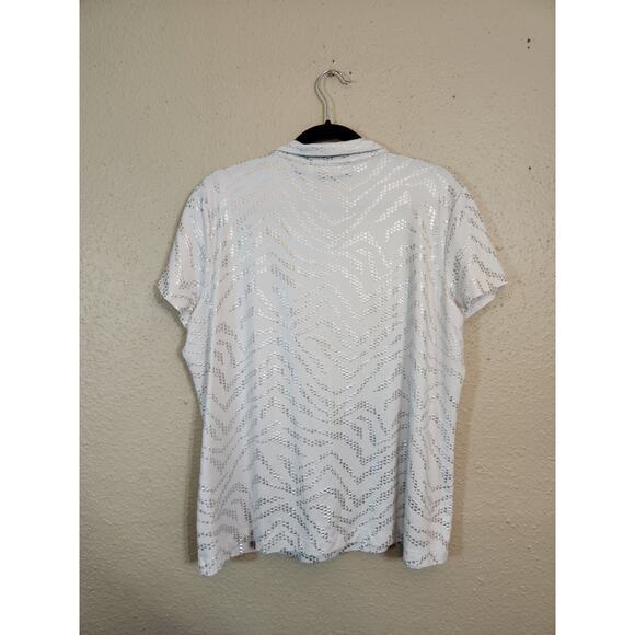 Weekends By Chico's Women's White Silver Print Short Sleeve Polo Shirt Size XL - Picture 2 of 5